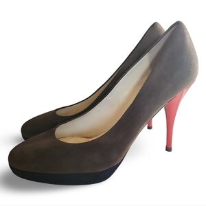 Elegant Brown And Navy Suede Pumps with Red Heel